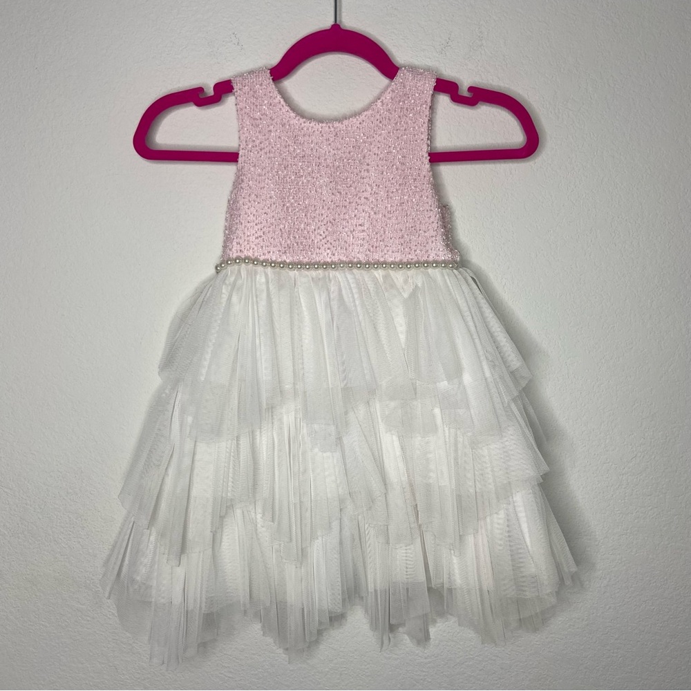 Couture Princess Girls Pink & White Pearl Tier Tulle Dress Size 5